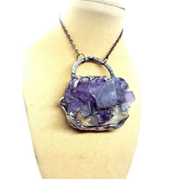 Huge Purple Flourite Octohedral crystal necklace  handmade gothic fantasy metal - Picture 2 of 12